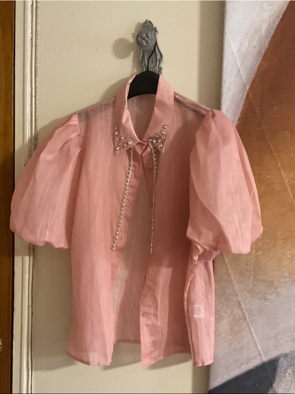 Embellished Collar Sheer Puff-Sleeve Blouse in Light Pink